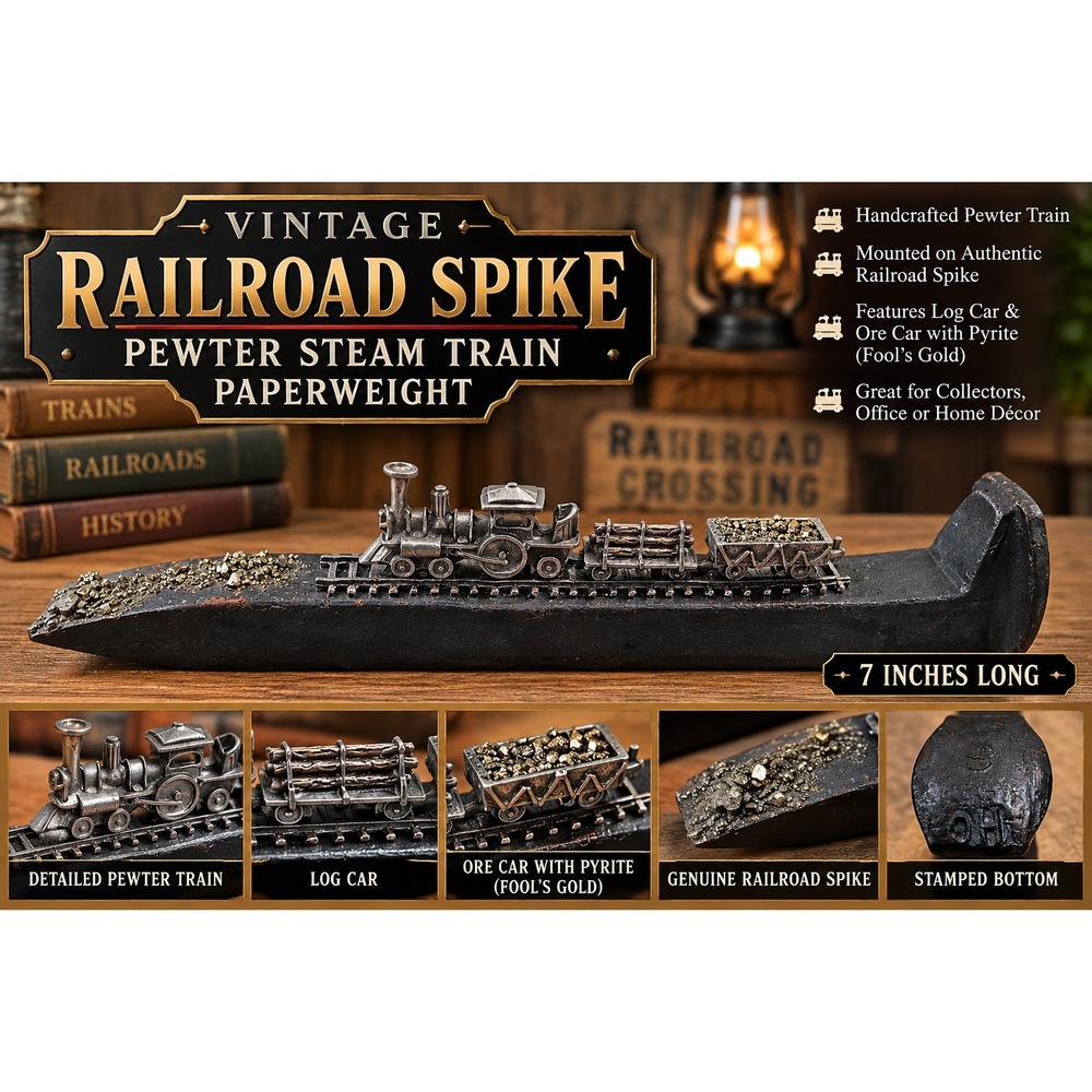 Vintage Railroad Spike Pewter Steam Train Paperweight Pyrite Ore Log Car 7 Inch